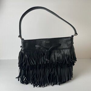 Ralph Lauren Cobden Black Cow Leather Fringe Shoulder Bag Purse Handbag Boho